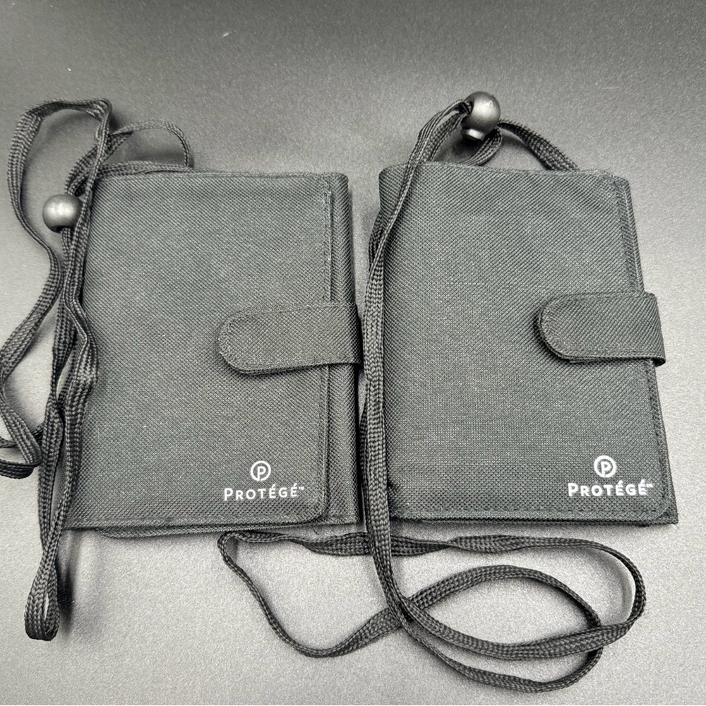 Lot of 2 Protege Cloth Woman's Wallet Trifold Black Cross Body Strap